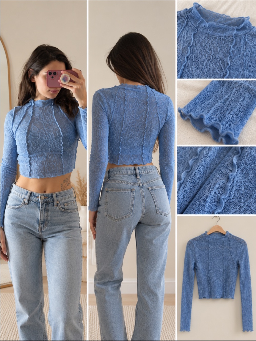 Urban Outfitters | Blue Lace Long Sleeve Top | Size S